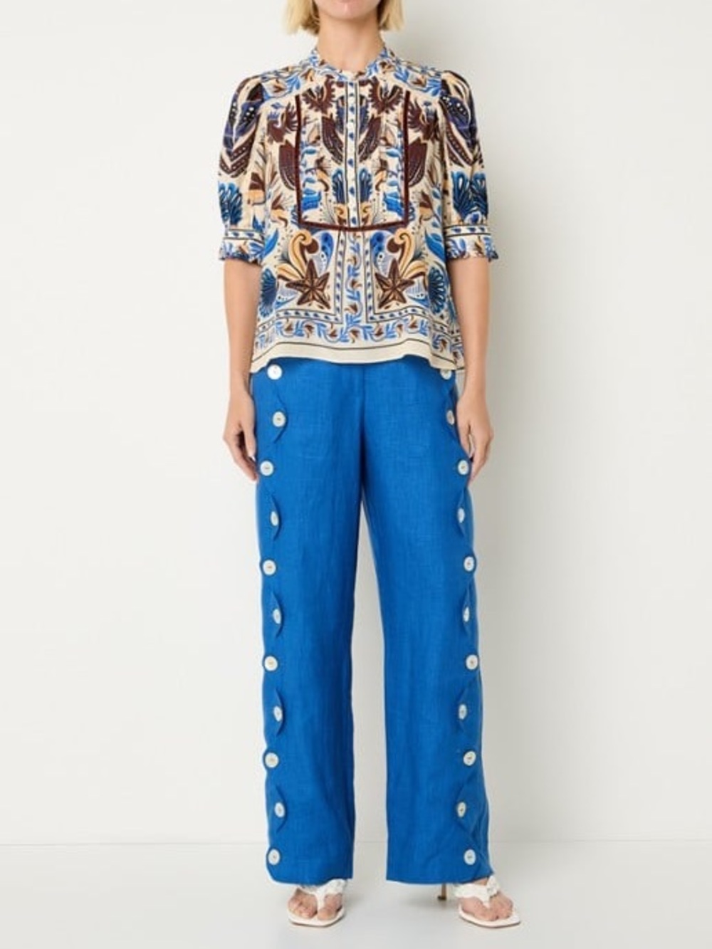 Farm Rio High Waisted Wide Leg Blue Linen Pants